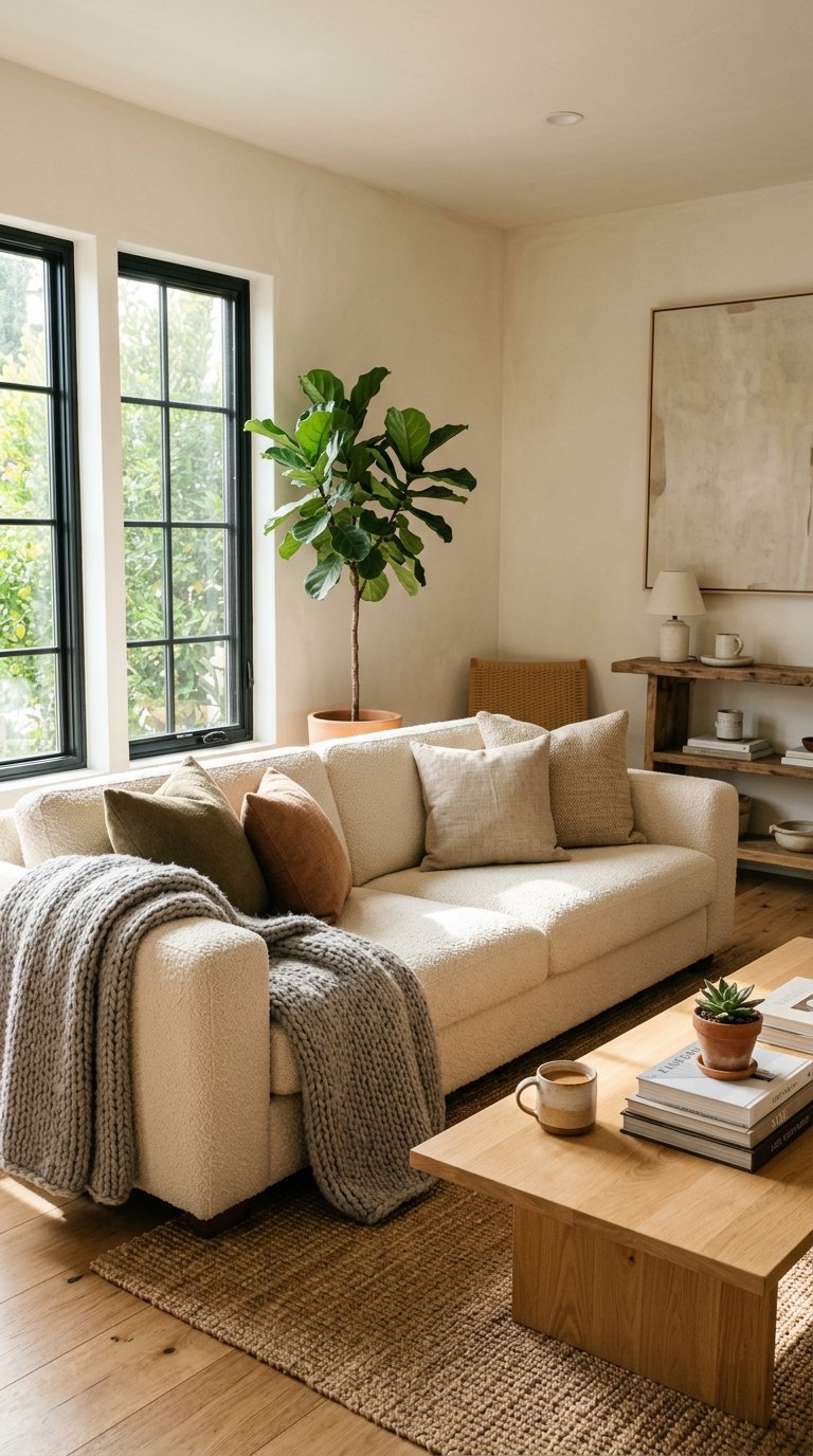 A bright, inviting living room with a cream-colored bouclé sofa, a chunky knit throw in soft grey draped over one arm, and several textured throw pillows in muted earth tones. Sunlight streams through large windows, highlighting dust motes in the air. A minimalist wooden coffee table holds a ceramic mug and a stack of design books.