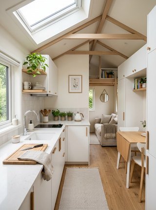 Bright white Scandinavian tiny house kitchen with light wood accents and overhead skylight
