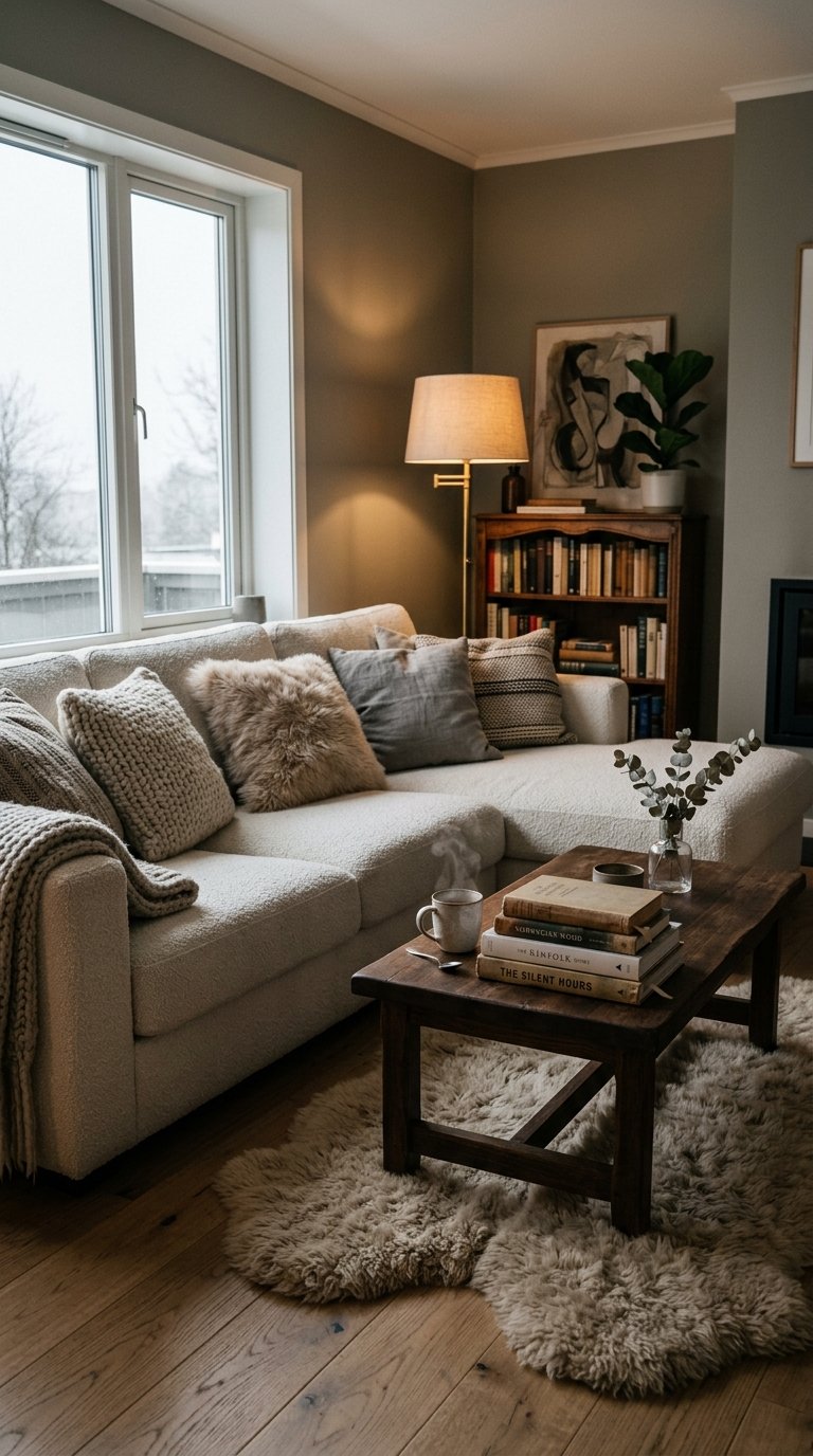 A dimly lit living room on a cloudy day, featuring a large, cream-colored boucle sofa adorned with several plush throw pillows in varying textures (knit, faux fur). A dark wood coffee table holds a stack of well-loved books and a steaming mug. A plush sheepskin rug lies on the floor, and a tall, elegant floor lamp with a warm glow illuminates a corner, casting soft shadows.
