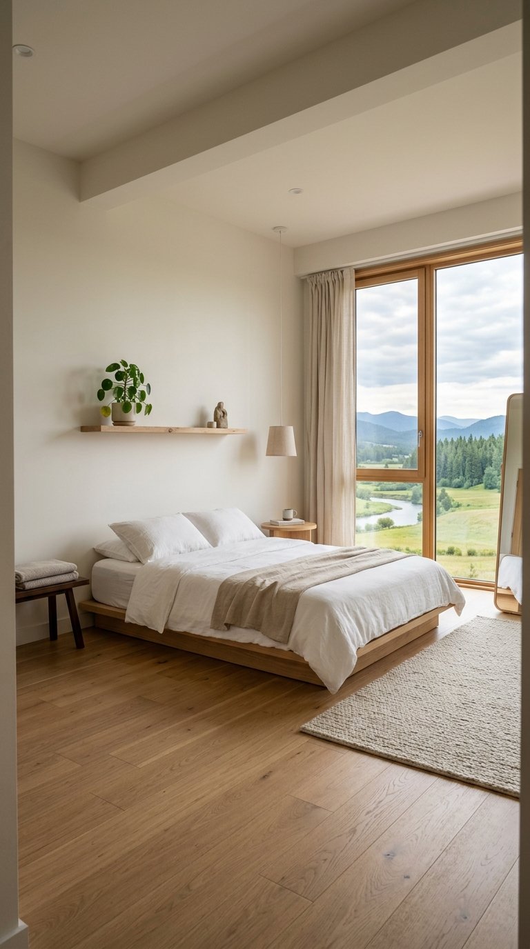 A wide shot of a modern minimalist bedroom, bathed in soft morning light, featuring a low-profile bed with crisp white linen, a single plant in a ceramic pot, and a large window overlooking a serene landscape. The overall atmosphere is calm and inviting.