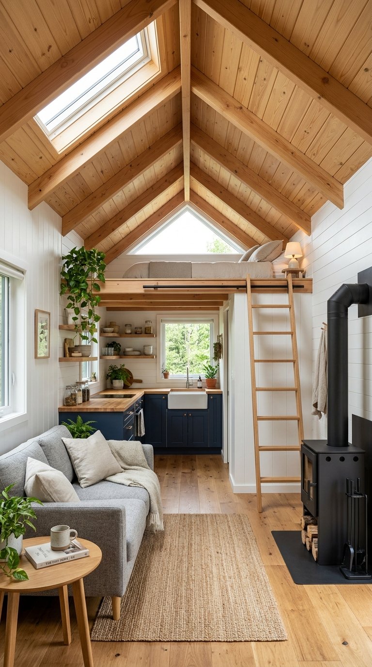 A modern tiny home interior with soaring vaulted ceilings creating expansive vertical space.