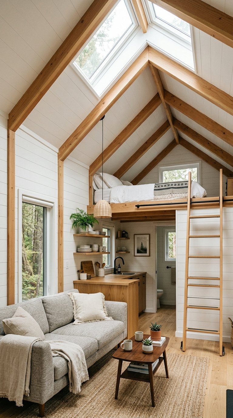 Modern tiny home interior with vaulted ceilings creating expansive vertical space.