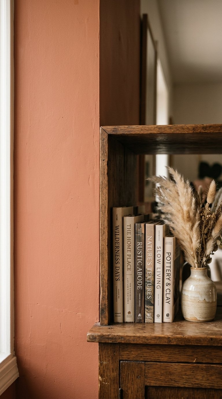 A close-up of a wall painted in a warm, muted terracotta color, with soft, indirect natural light highlighting its texture. A corner of a vintage wooden bookshelf with a few aesthetically pleasing books and a small ceramic vase with dried pampas grass is visible.
