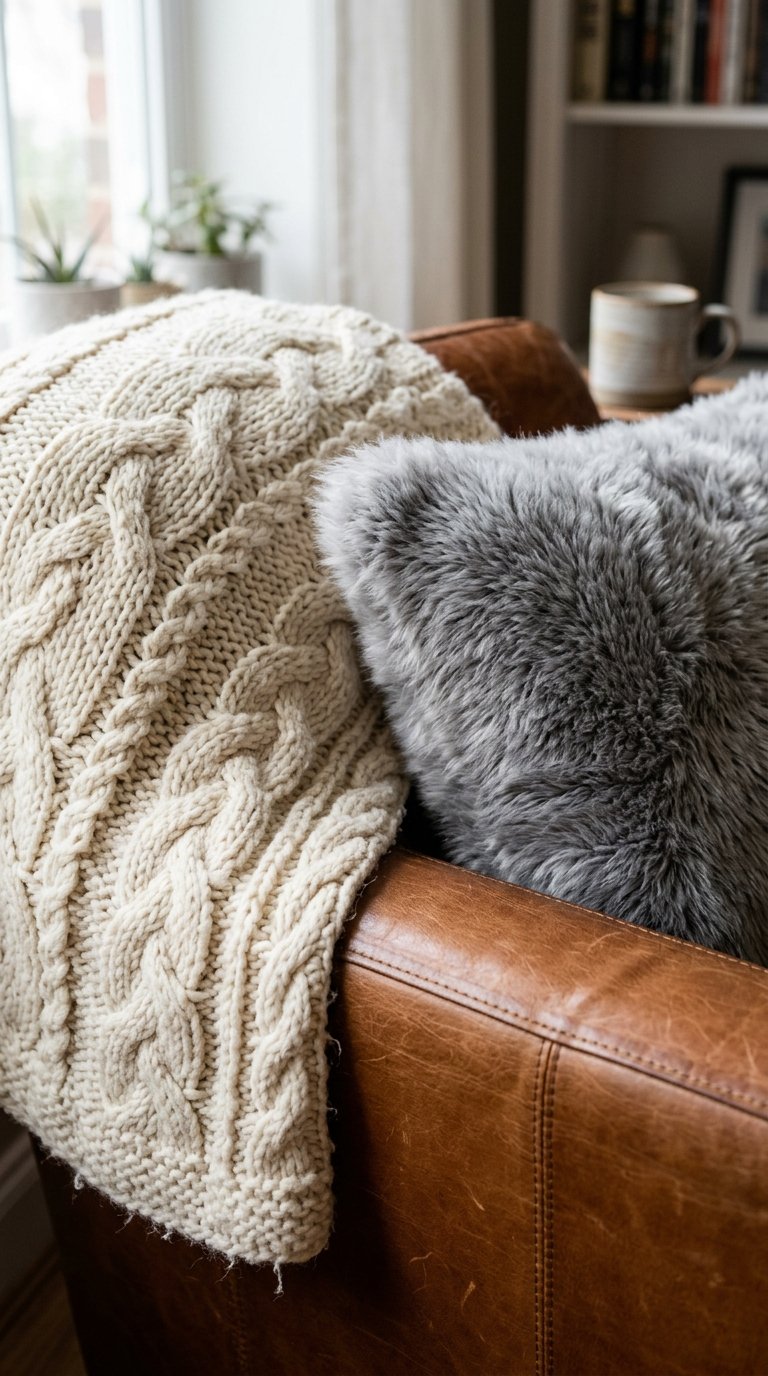 A close-up shot focusing on layered textures: a chunky cream cable-knit throw blanket, a soft grey faux fur pillow, and a smooth, warm brown leather armchair arm. A soft, diffused light source from the side highlights the tactile qualities of the fabrics.