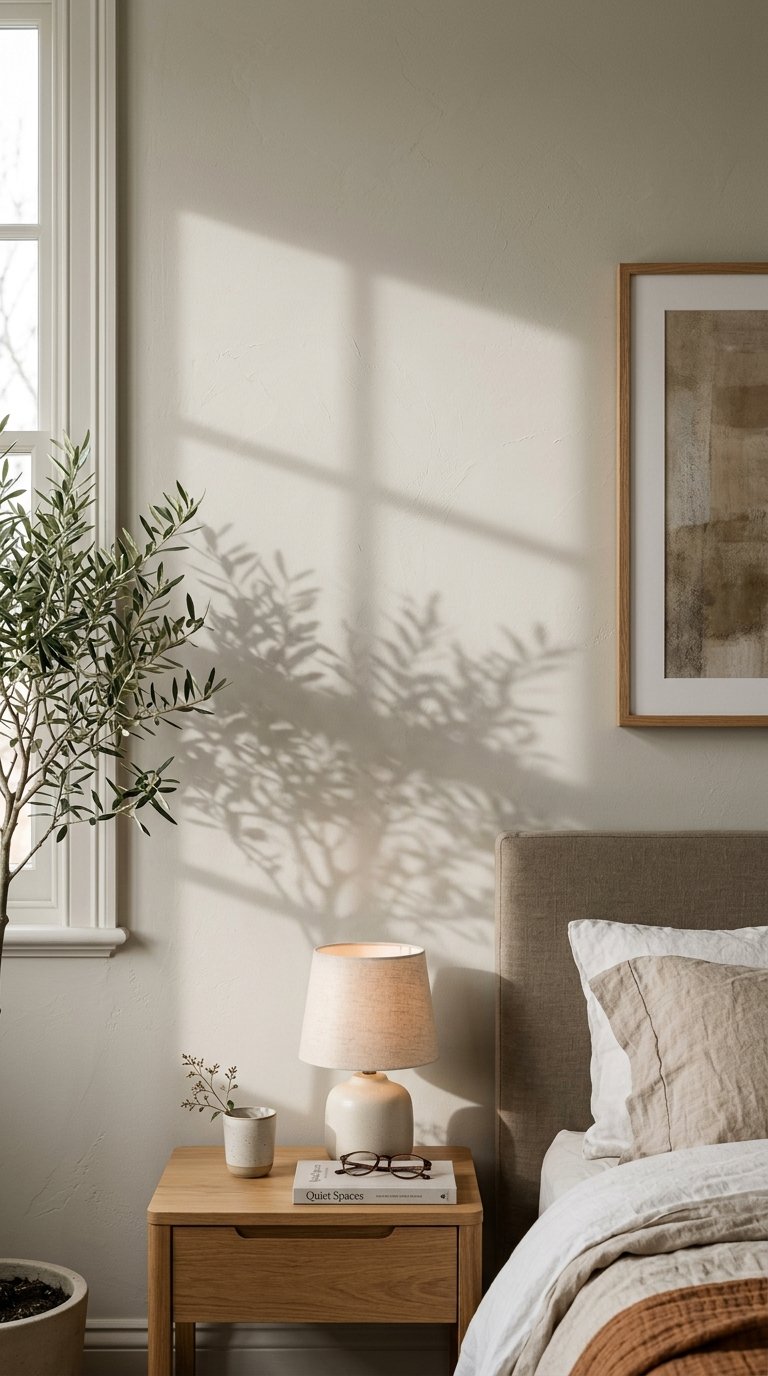 A close-up of a bedroom wall painted in a soft, warm greige, with subtle textural variations. A shadow from a nearby window creates gentle patterns on the wall, highlighting its quiet elegance.