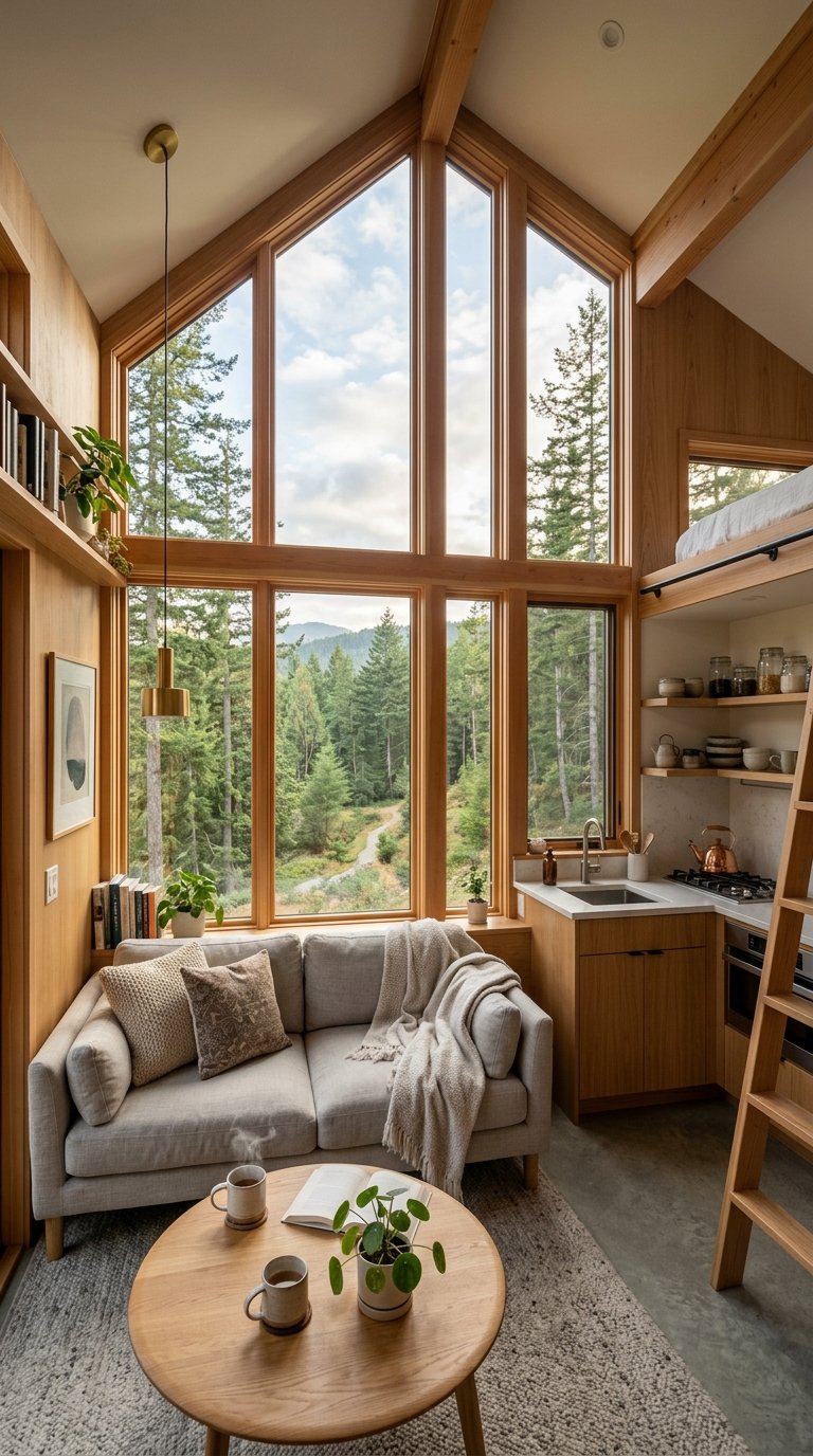 Inviting natural light into a modern tiny home interior with dramatic floor-to-ceiling windows.