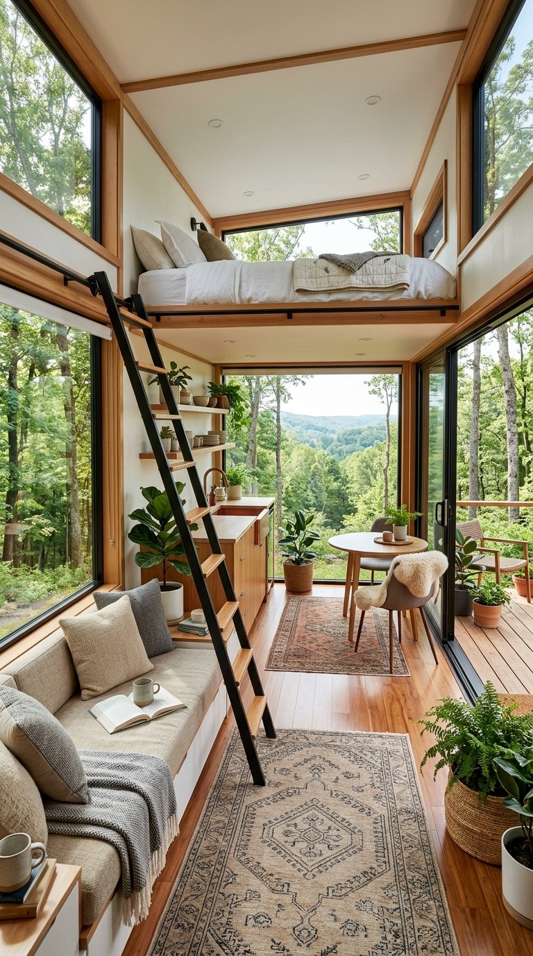 A bright modern tiny home interior featuring floor-to-ceiling glass for spacious views.