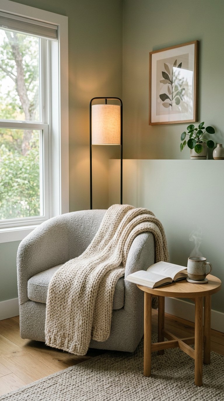 A beautifully lit corner of a bedroom featuring a tall, minimalist floor lamp with a soft, warm light. A plush, light grey armchair is draped with a cream-colored knit throw. A small, round wooden side table holds a book and a steaming cup. The background wall is painted a soft, muted sage green.