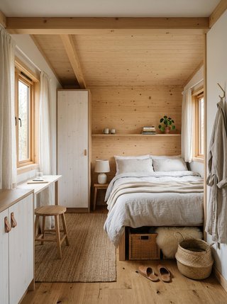 Minimalist Scandinavian tiny house bedroom bathed in morning light through sheer linen curtains