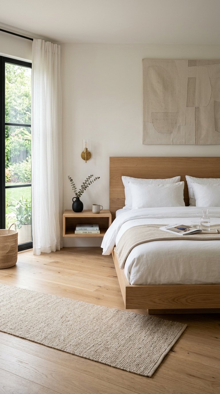 A sleek, low-profile wooden platform bed with a minimalist headboard, featuring built-in, integrated floating bedside tables on either side. The wood grain is a light, natural oak, contrasting subtly with white bedding.