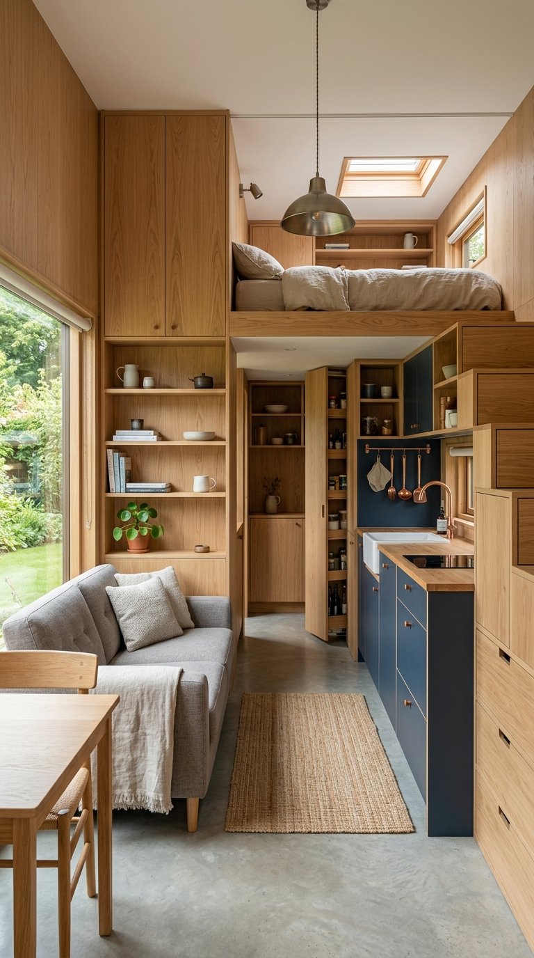 Seamless integrated storage transforming a modern tiny home interior into an uncluttered haven.