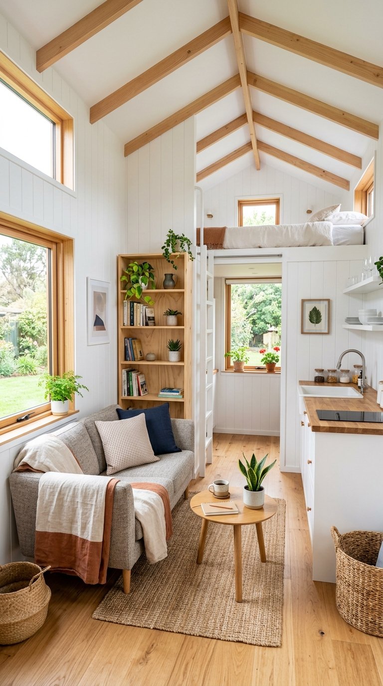 Light-drenched modern tiny home interior design using crisp white walls to amplify brightness.