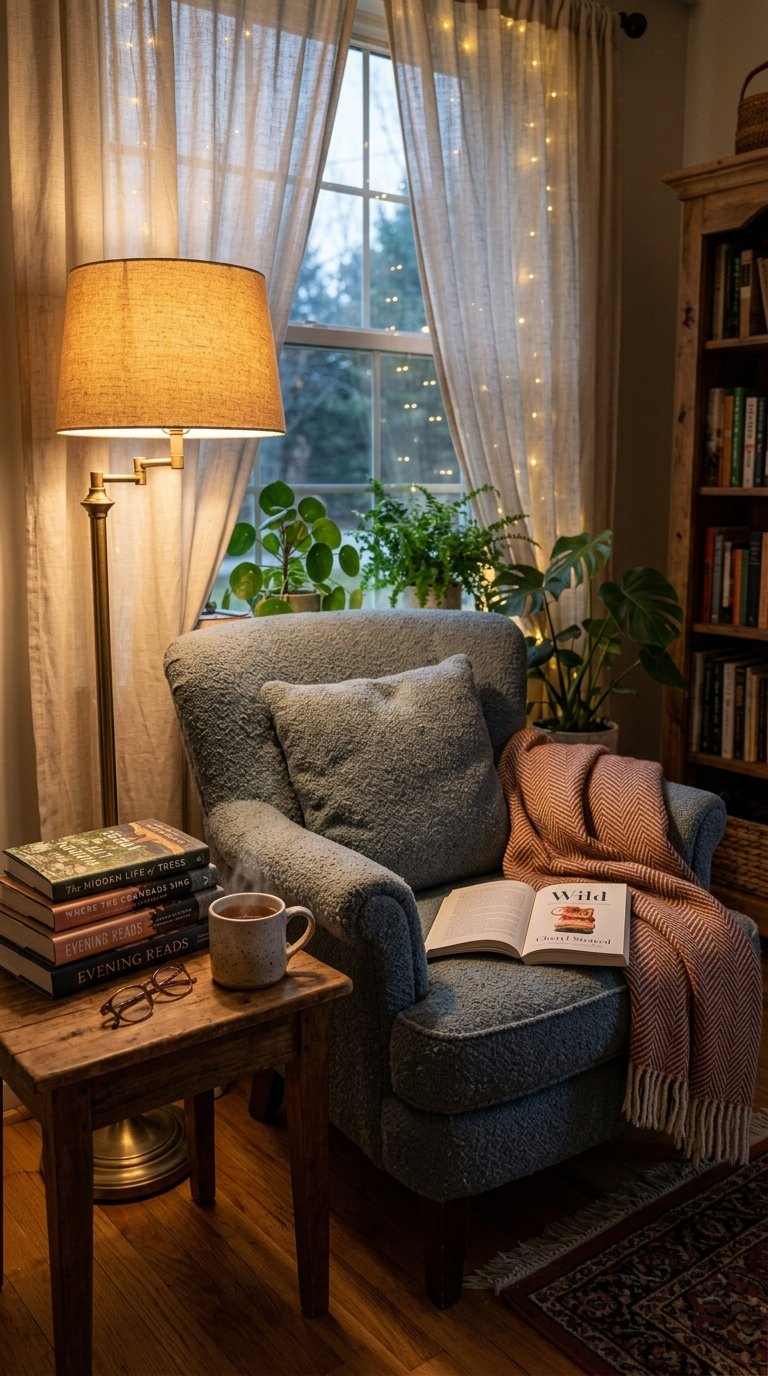 A dimly lit reading nook with a comfortable armchair upholstered in a soft, textured fabric. A floor lamp with a warm, fabric shade casts a gentle glow over a stack of books and a steaming mug on a small side table. Fairy lights are subtly draped behind a sheer curtain in the background.