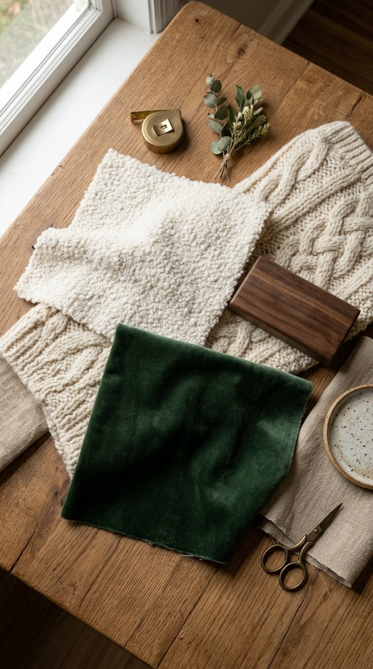 A flat lay showing various fabric swatches and small objects, emphasizing warm textures. Includes a piece of ivory boucle fabric, a swatch of deep forest green velvet, a sample of a chunky cream cable knit, and a small, smooth dark wood block. Soft, diffused lighting highlights the textures.