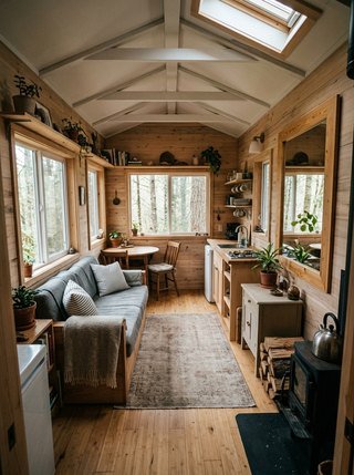 Open-plan Scandinavian tiny house interior with a strategically placed mirror reflecting natural light