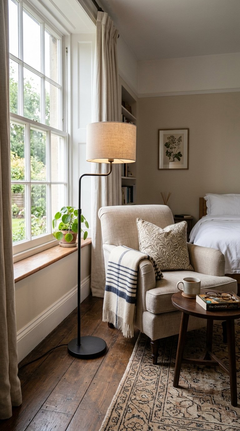 A bedroom corner bathed in soft, diffused natural daylight coming from a large window. A slender, elegant black metal floor lamp stands next to a comfortable reading chair, casting a gentle glow.