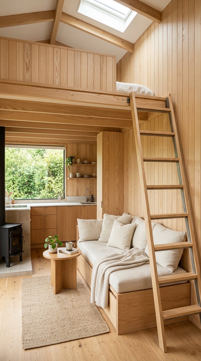 Bright light wood paneling making this modern tiny home interior feel airy and expansive.