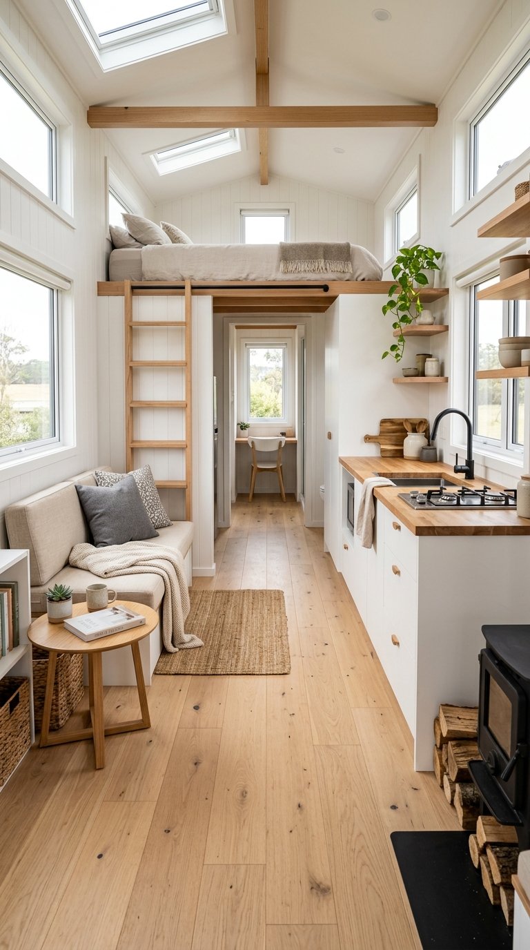 An airy modern tiny home interior with continuous light wood flooring extending visual lines.