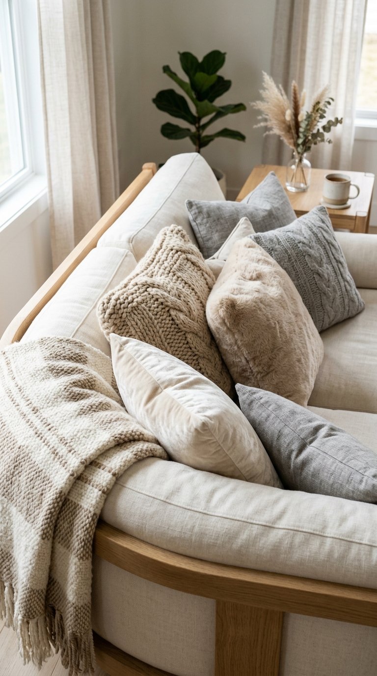 A close-up of a luxurious sofa covered in a mixture of velvet, chunky knit, and faux fur throw pillows in shades of cream, beige, and soft grey. A thick, woven blanket is draped artfully over the armrest. The textures are rich and inviting.