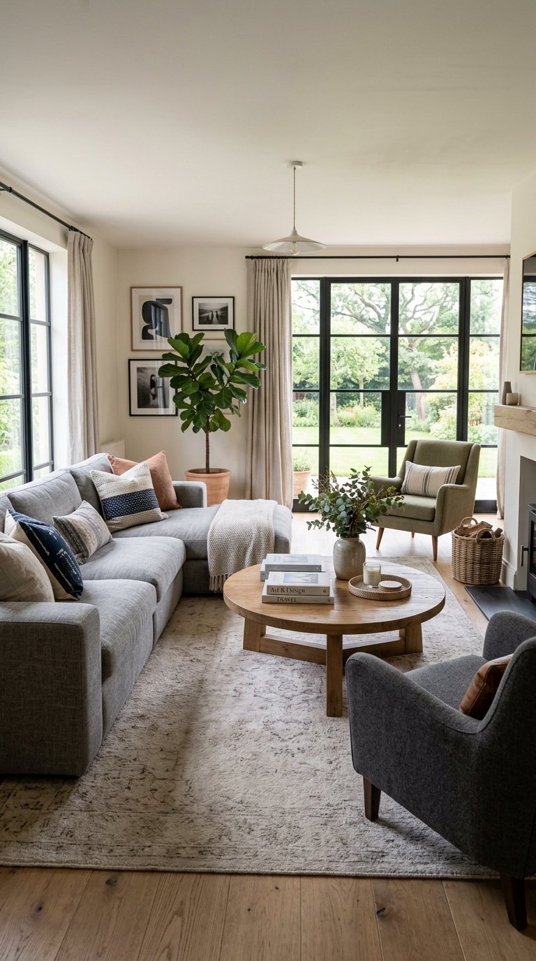 A living room featuring a large, L-shaped plush grey sofa with many throw pillows. Two comfortable accent chairs are positioned facing the sofa, creating a conversational arrangement around a large, round wooden coffee table. A soft, muted rug grounds the seating area.