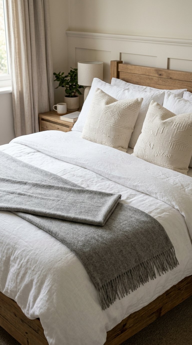A close-up of a bed with layered textures: a crisp white linen duvet, a soft grey cashmere throw folded neatly, and two textured off-white decorative pillows with subtle patterns.