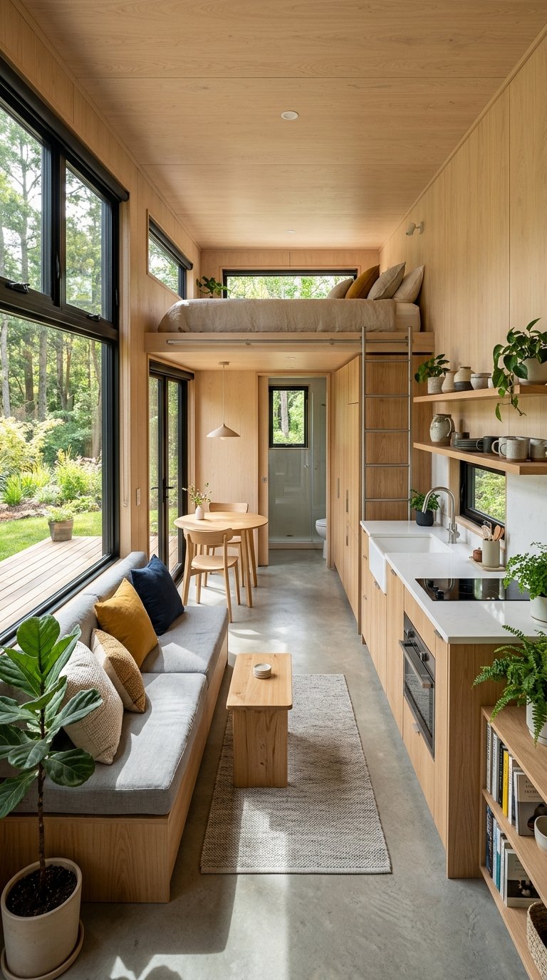An open concept modern tiny home interior fostering flow and eliminating visual barriers.
