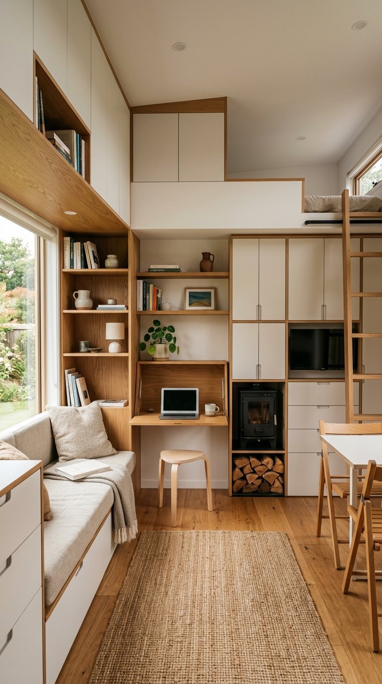 Clever modern tiny home interior maximizing space with built-in, flush wall storage solutions.