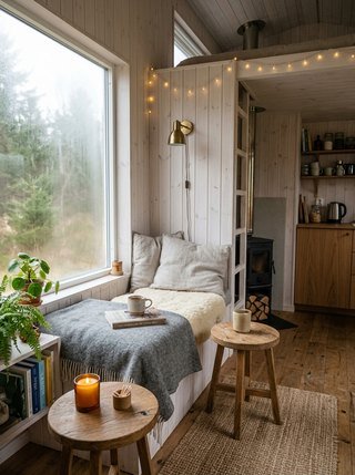 Hygge-inspired Scandinavian tiny house reading nook with candles and diffused light from a frosted window