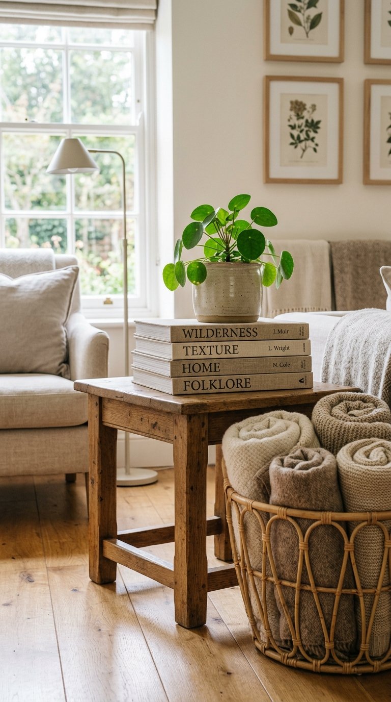 A vignette featuring a wooden side table with a stack of large, textured books. Next to it, a woven rattan basket overflows with soft, rolled-up throws in cream and light brown. A potted green plant sits on the table in a simple ceramic pot.