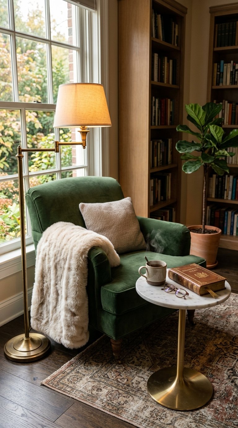 A cozy reading nook bathed in warm, soft light. A deep, forest green velvet armchair is positioned next to a tall, elegant brass floor lamp. A small, round marble side table holds a steaming mug of tea and a leather-bound book. A faux fur throw is draped over the arm of the chair.