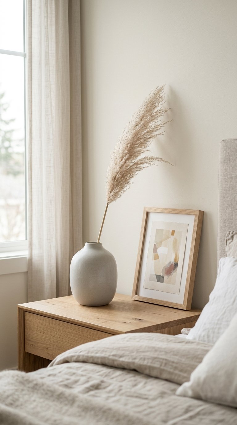 A minimalist bedside table with a smooth, light grey ceramic vase holding a single delicate dried pampas grass stem. Next to it, a small, framed abstract art print with soft, muted colors leans against the wall.