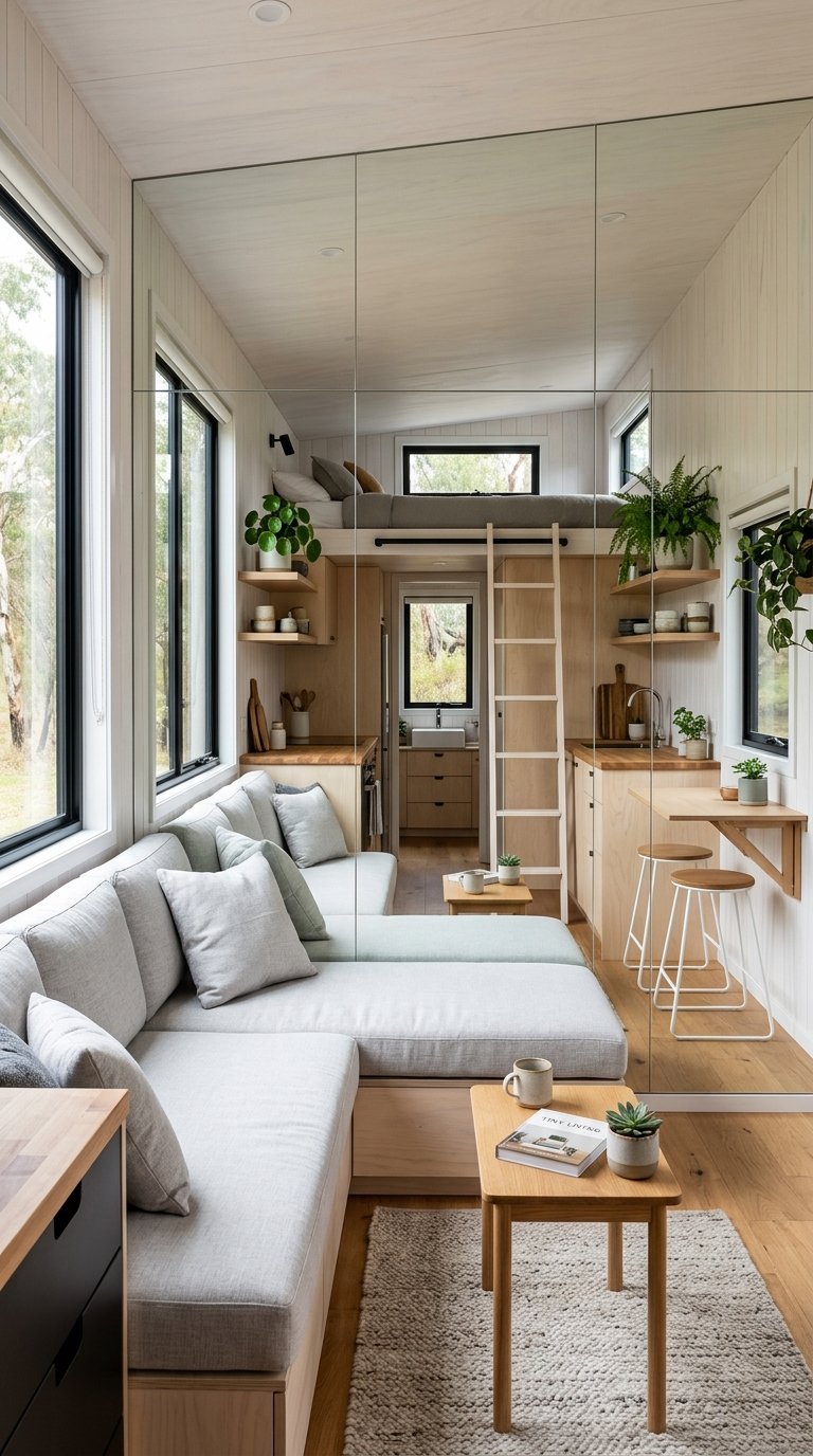 Strategic mirrored feature walls cleverly expanding the perceived space in this modern tiny home interior.