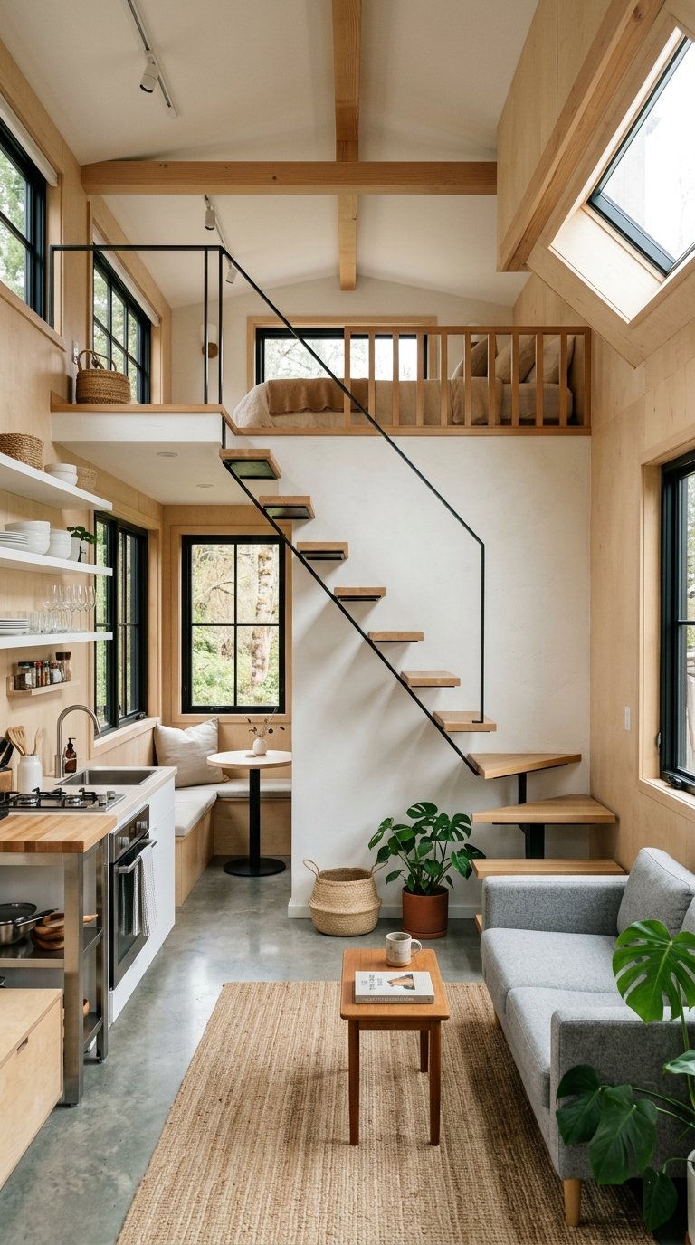 Open-concept modern tiny home interior featuring a minimalist floating staircase that feels light.