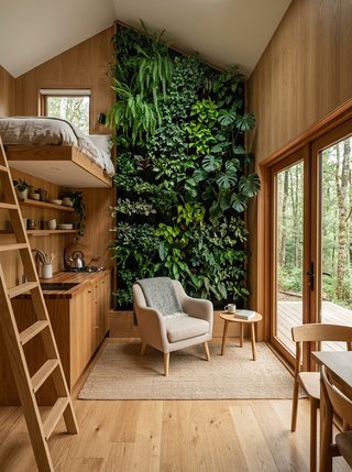 Vertical garden inside a Scandinavian tiny house, illuminated by full-length glass doors