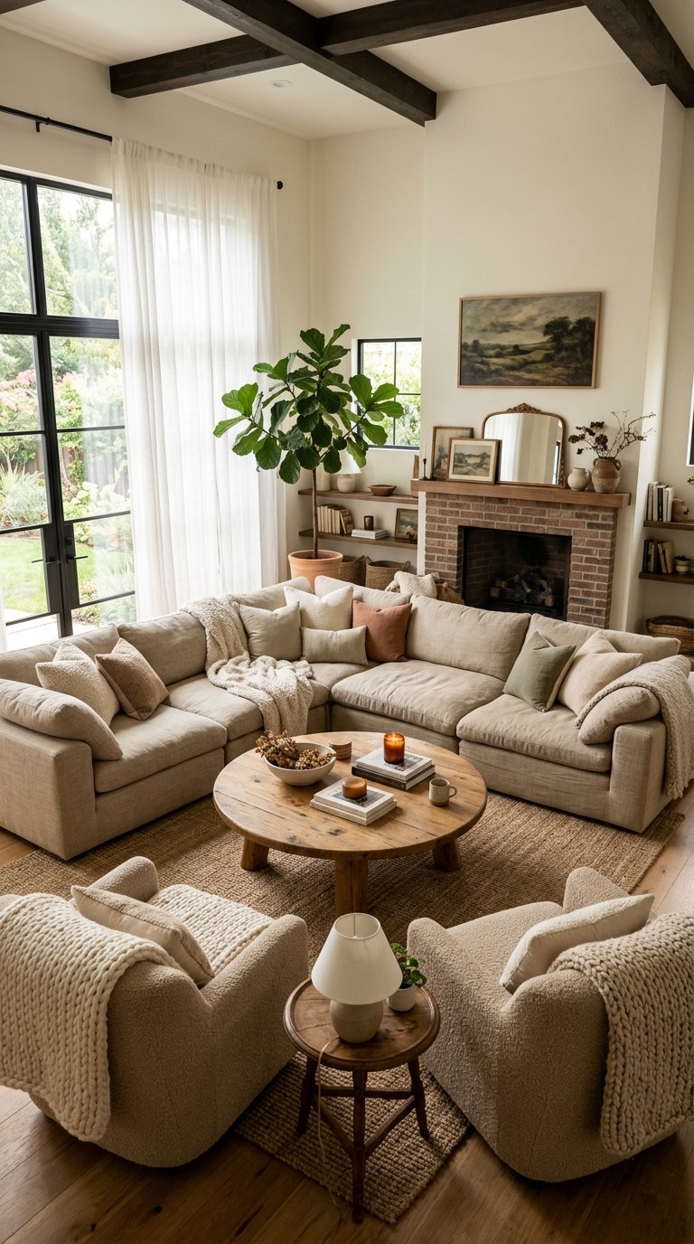 A wide shot of a living room with an oversized, deep-seated sectional sofa in a warm, neutral linen fabric, arranged to face a large, round wooden coffee table. Two plush armchairs with chunky knit throws are placed opposite the sofa, creating an inviting conversation area. Soft, diffused natural light fills the room.