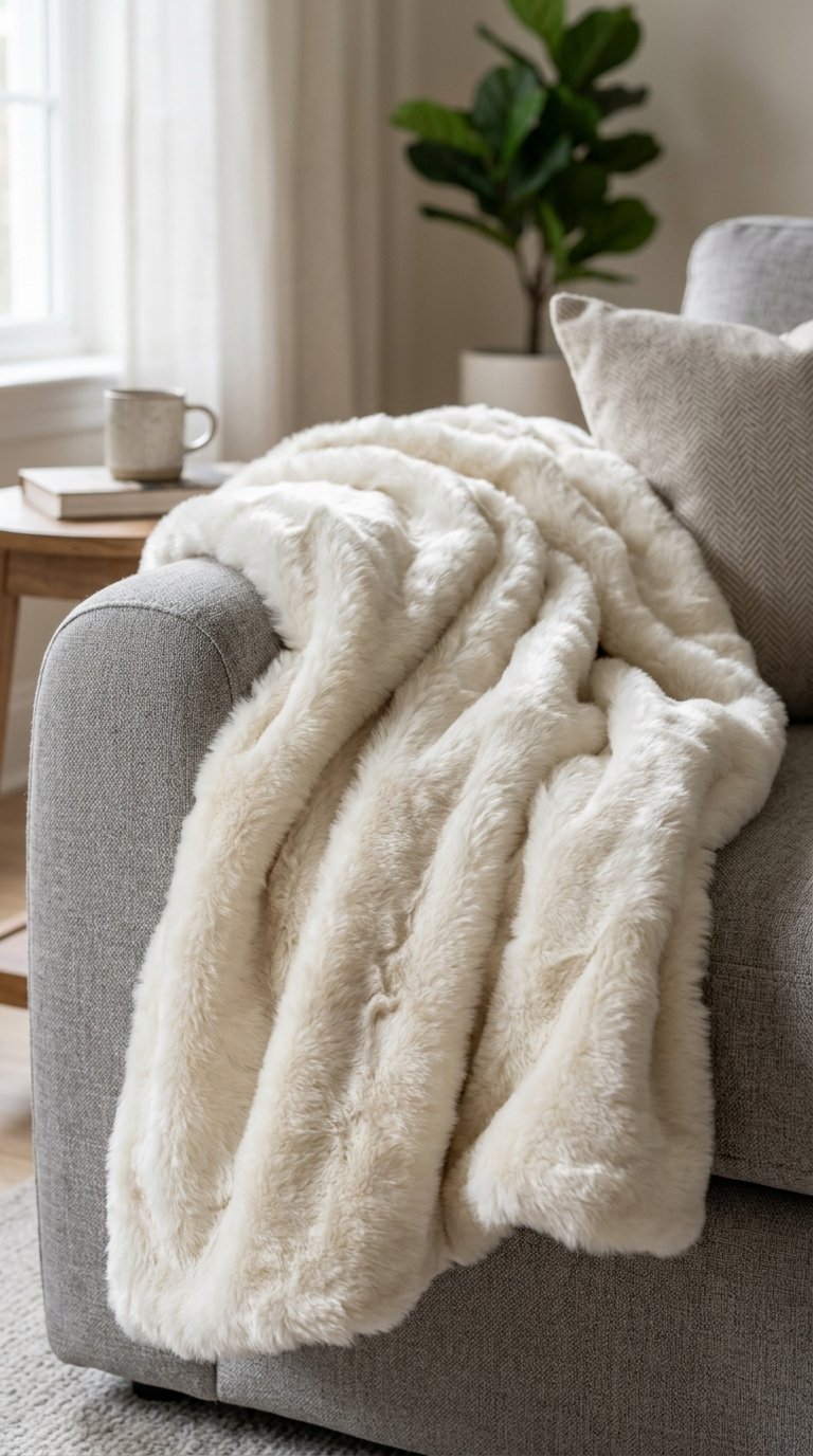 A close-up shot of a luxurious, creamy white faux fur throw blanket draped over the arm of a soft grey sofa, creating deep folds and texture. The light catches the subtle sheen of the fur.