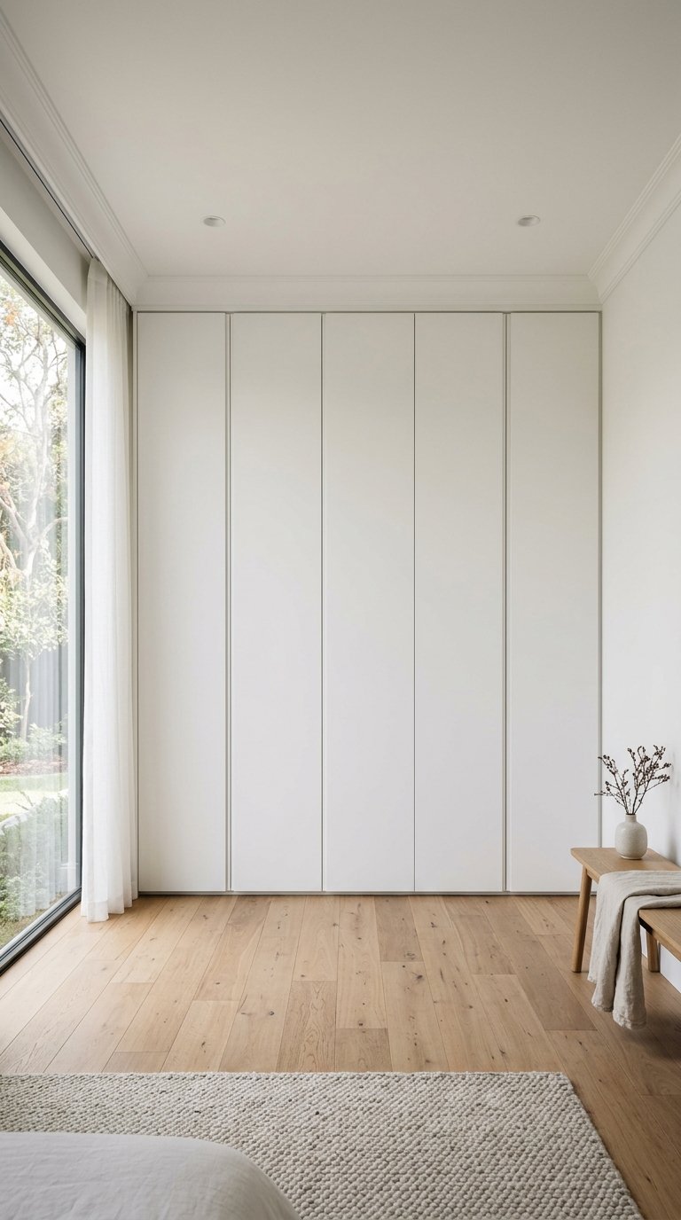 A seamless wall of built-in, handle-less wardrobes in a matte white finish, blending perfectly with the wall. A subtle shadow line indicates the doors, creating a clean, integrated look.