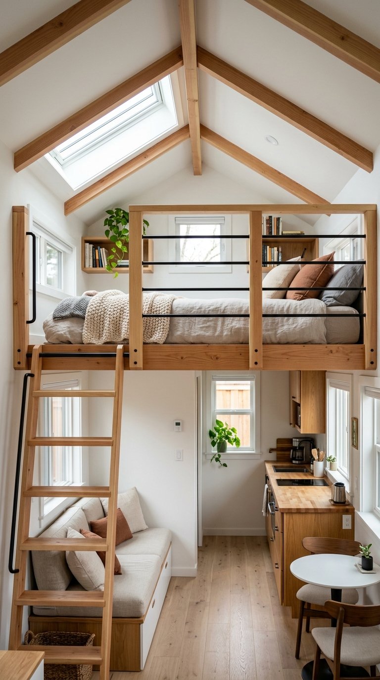 Elevated loft sleeping areas maximizing floor space in a compact modern tiny home interior design.