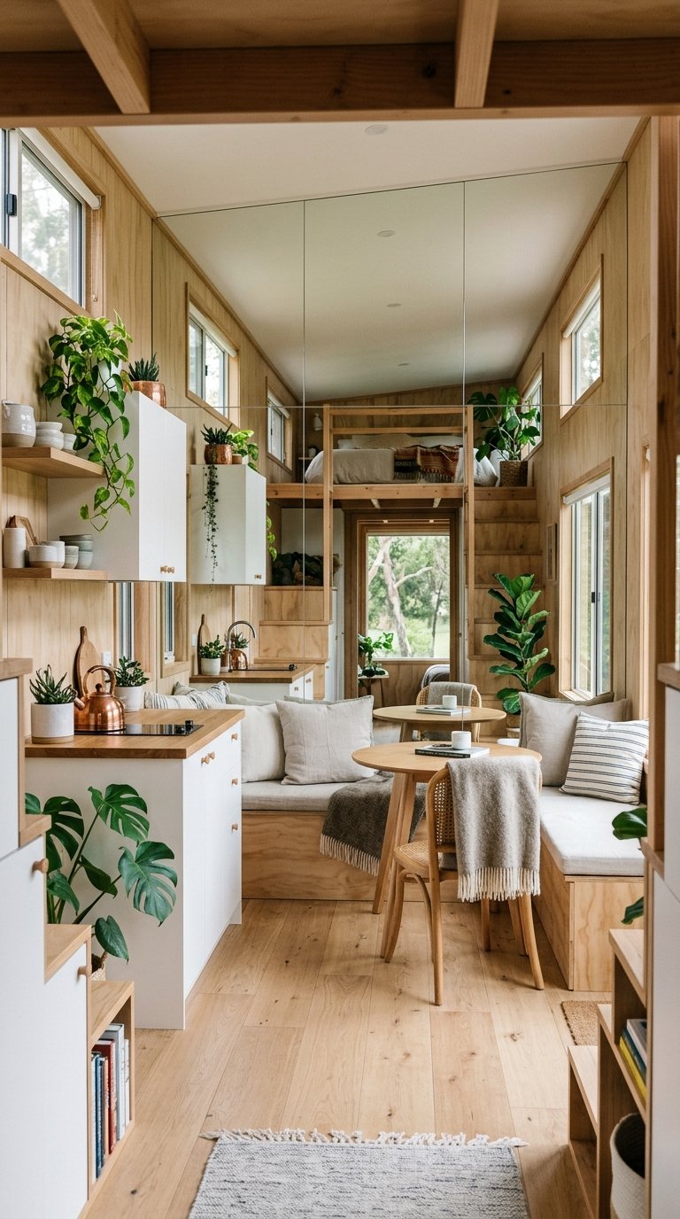 A modern tiny home interior utilizing large, strategically placed mirrors to double perceived space.