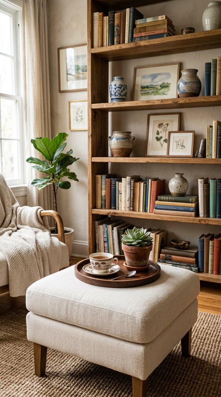 A cozy corner featuring a low, upholstered ottoman with a wooden tray holding a teacup and a small succulent. Next to it, a tall, open-shelved wooden bookcase is filled with an eclectic mix of books, ceramic vases, and small framed art.
