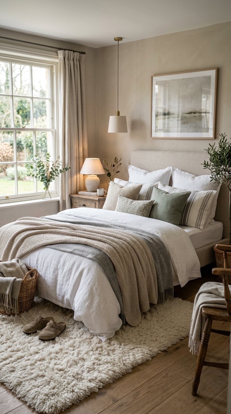 A serene bedroom with a bed lavishly made with multiple layers of bedding: a plush duvet, several throw blankets in complementary muted tones (oatmeal, soft grey), and an abundance of decorative pillows. A soft, shaggy rug covers a portion of the floor beside the bed.