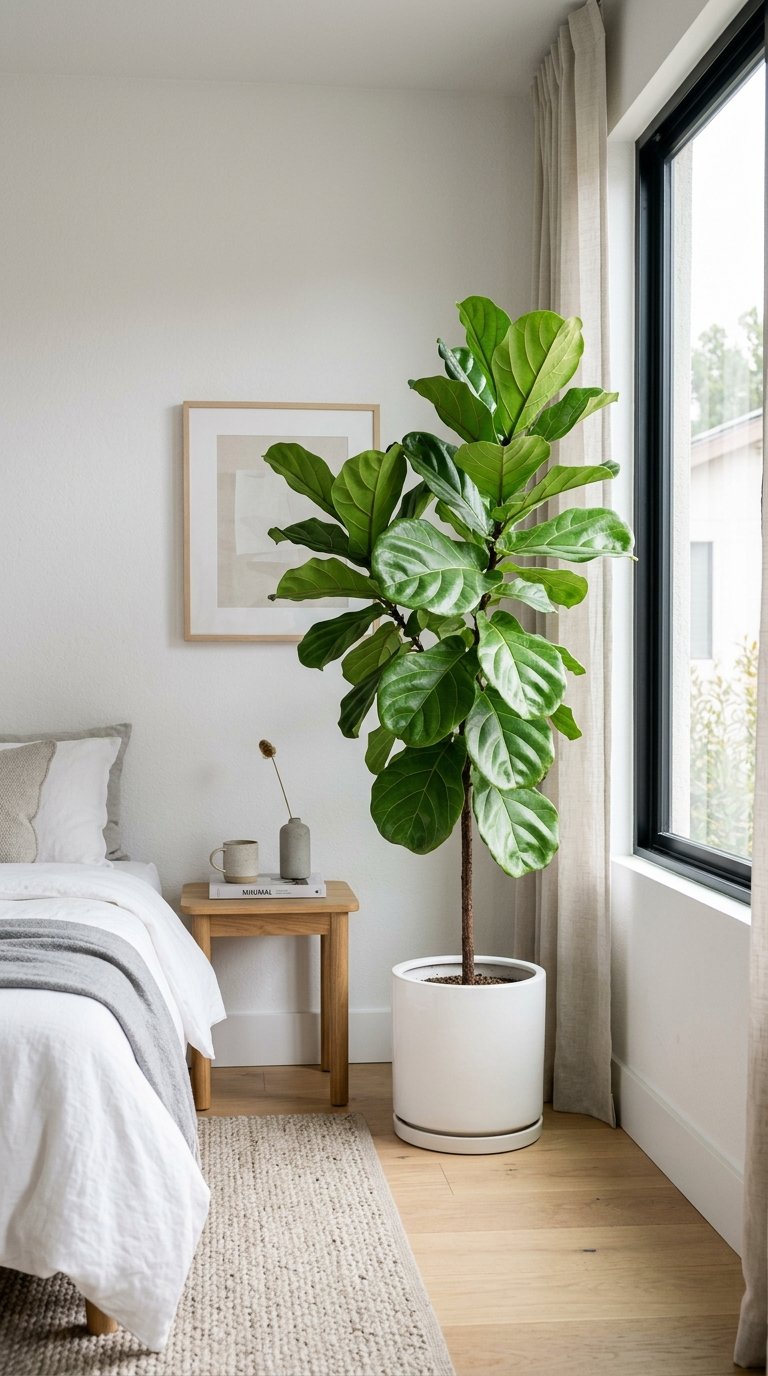 A tall, elegant fiddle leaf fig plant in a simple white cylindrical pot, positioned in a corner of a bright minimalist bedroom, its broad green leaves catching the soft natural light.