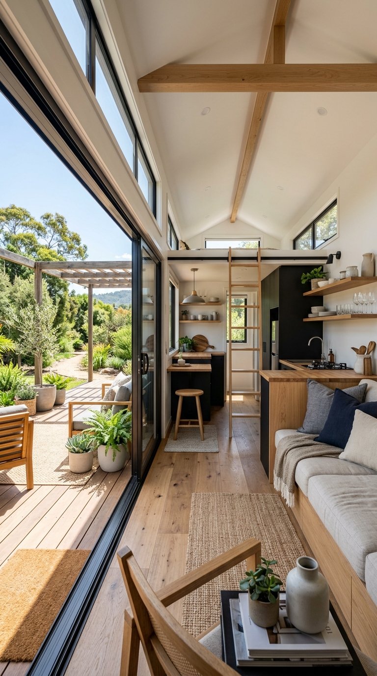 Seamless indoor-outdoor living with sliding glass doors in a chic modern tiny home interior.