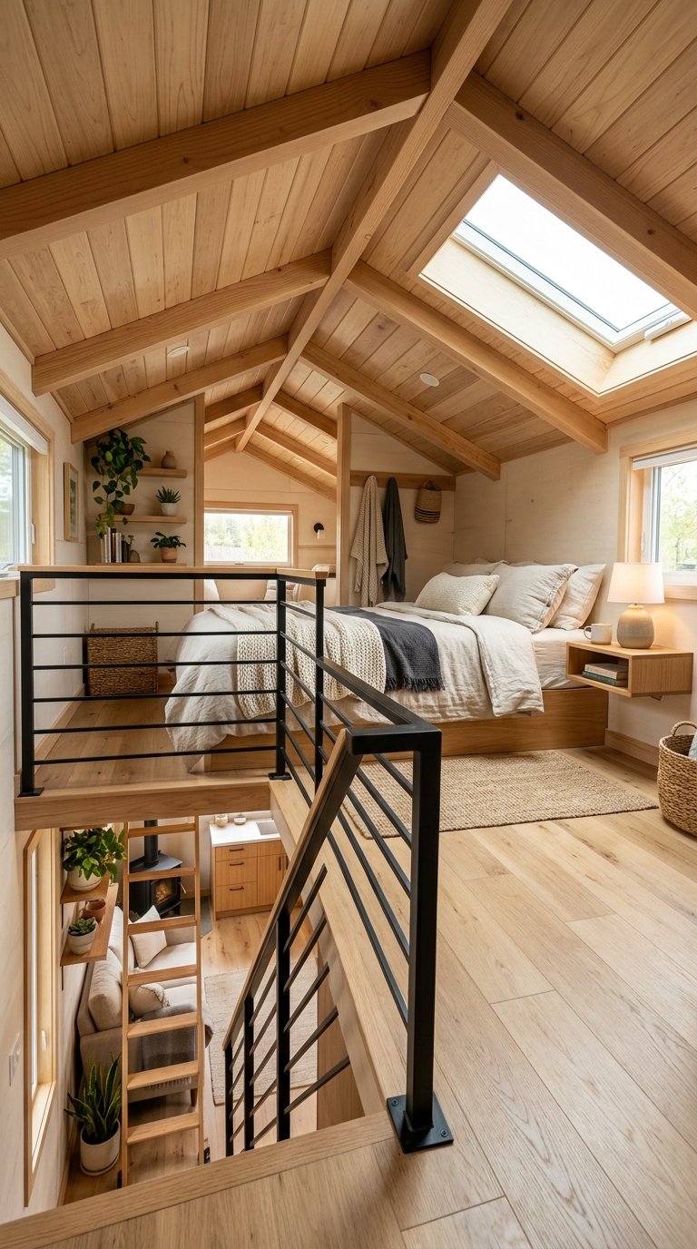 Elevated modern tiny home interior loft bedroom designed with an open railing for visual continuity.