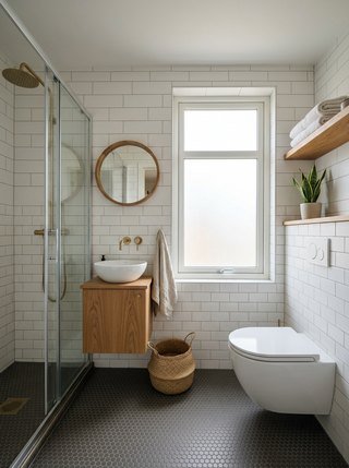 Scandinavian tiny house bathroom with white subway tiles and a large frosted window for privacy and light