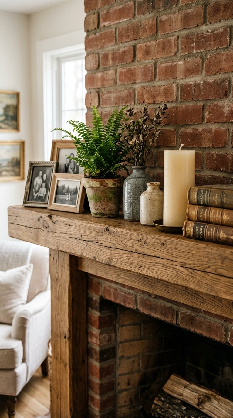 A close-up of a rustic wooden mantelpiece adorned with a curated collection of small, framed black-and-white photographs, a couple of antique ceramic vases, and a small, potted fern. A thick, pillar candle sits unlit next to a stack of old books.