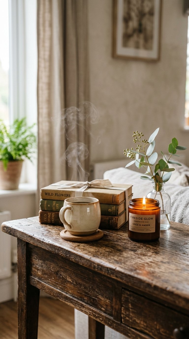 A beautifully styled vignette on a distressed wooden console table. A creamy ceramic mug with steam rising, a stack of vintage books, a lit scented candle in an amber jar, and a small, delicate sprig of eucalyptus in a clear glass vase. The background is softly blurred.