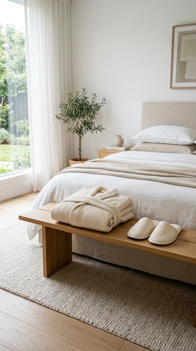 A luxurious, oversized organic cotton robe in a soft cream color, neatly folded and placed on a minimalist wooden bench at the foot of a bed. A pair of matching slippers are placed beside it.