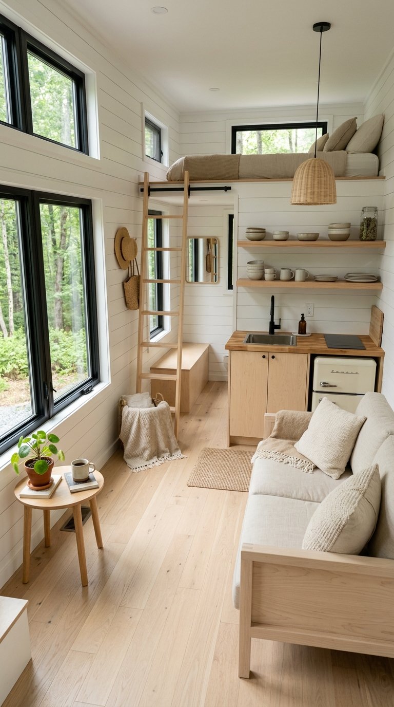 Clean-lined minimalist furniture maintaining an uncluttered aesthetic in this modern tiny home interior.