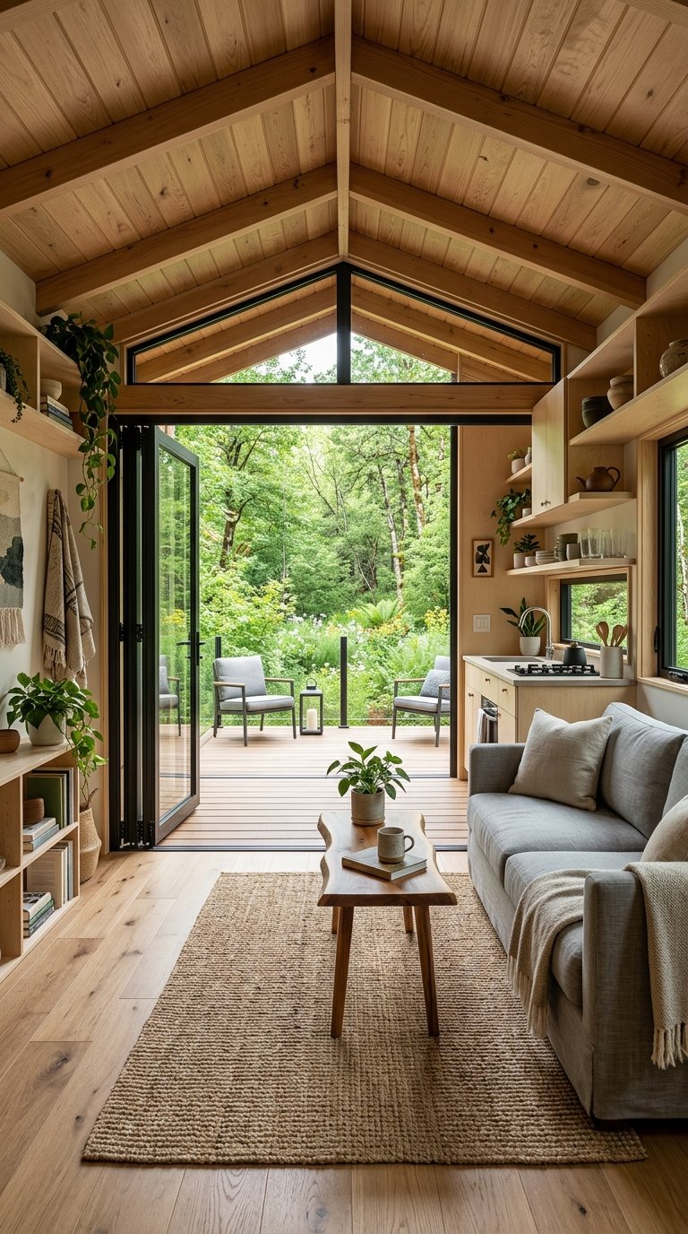 Seamless modern tiny home interior merging with the outdoors via wide bi-fold doors.